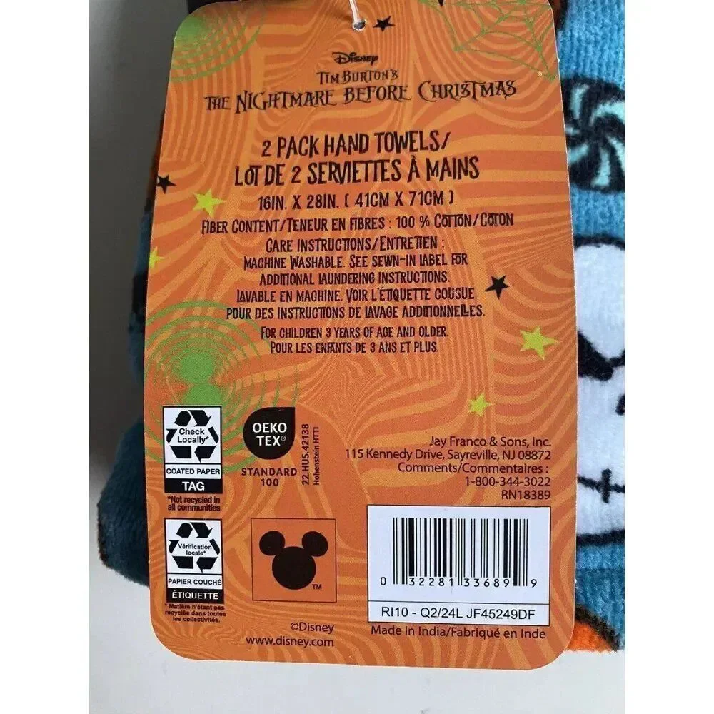 Set Of 2 Disney Nightmare Before Christmas Hand Towels‎ Jack Skellington NEW